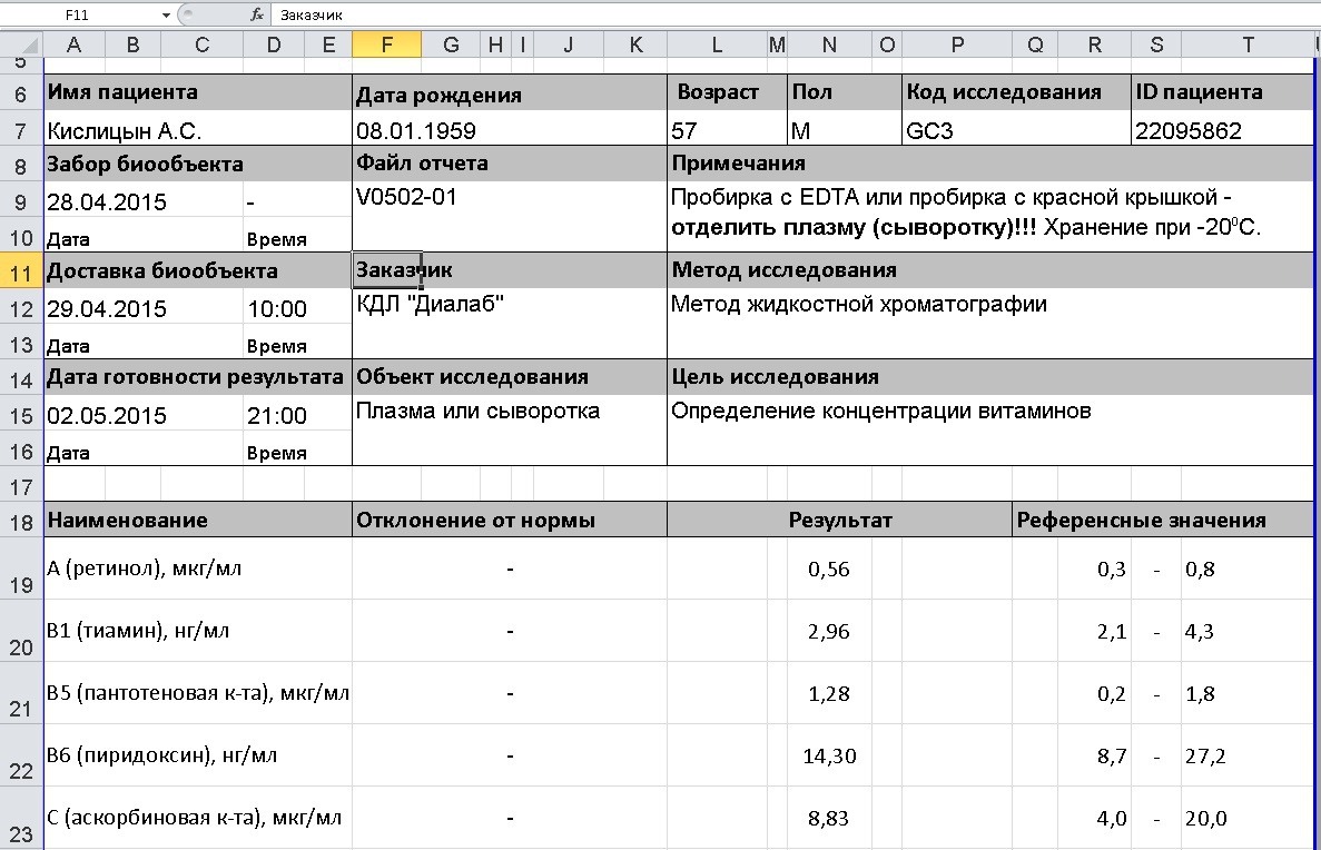 Result form in MS Excel format / Бланк результатов в формате MS Excel